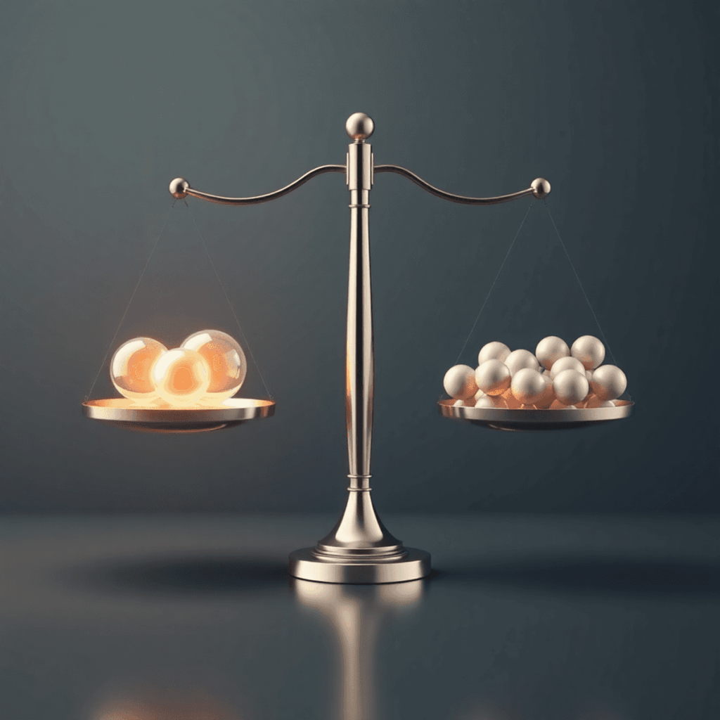 A balanced scale with large glowing spheres on one side and many smaller spheres on the other, set against a background of interconnected geometric...