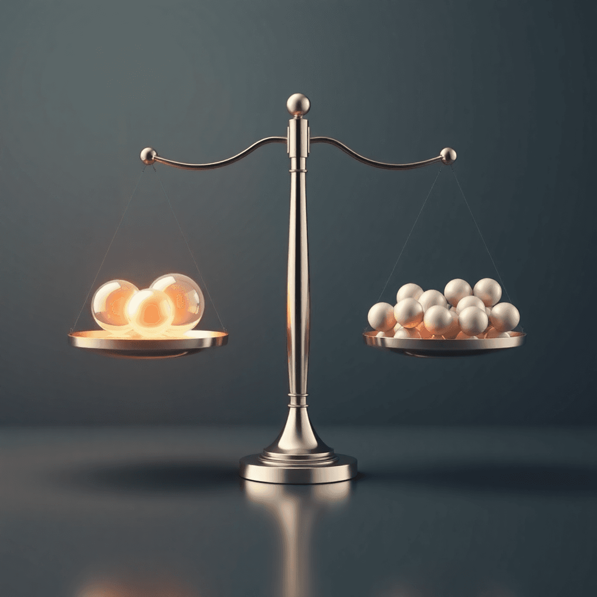 A balanced scale with large glowing spheres on one side and many smaller spheres on the other, set against a background of interconnected geometric...