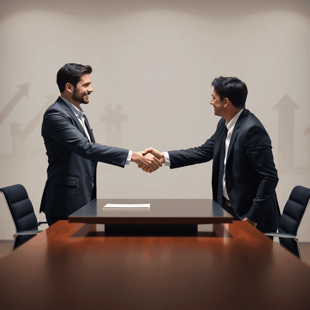 A confident businessperson and broker shaking hands across a modern desk with abstract upward arrows and puzzle pieces in a bright office.