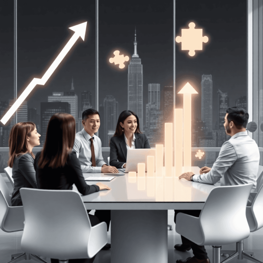 A diverse group of businesspeople collaborating around a modern conference table with growth symbols and a New York cityscape background.
