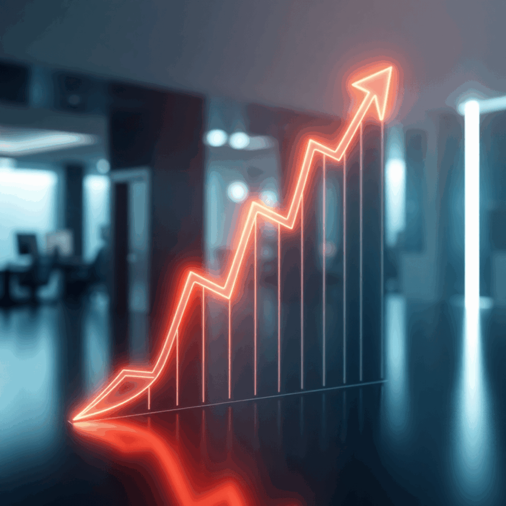 A glowing, upward-trending abstract graph with arrows on a sleek background symbolizing financial growth and success.