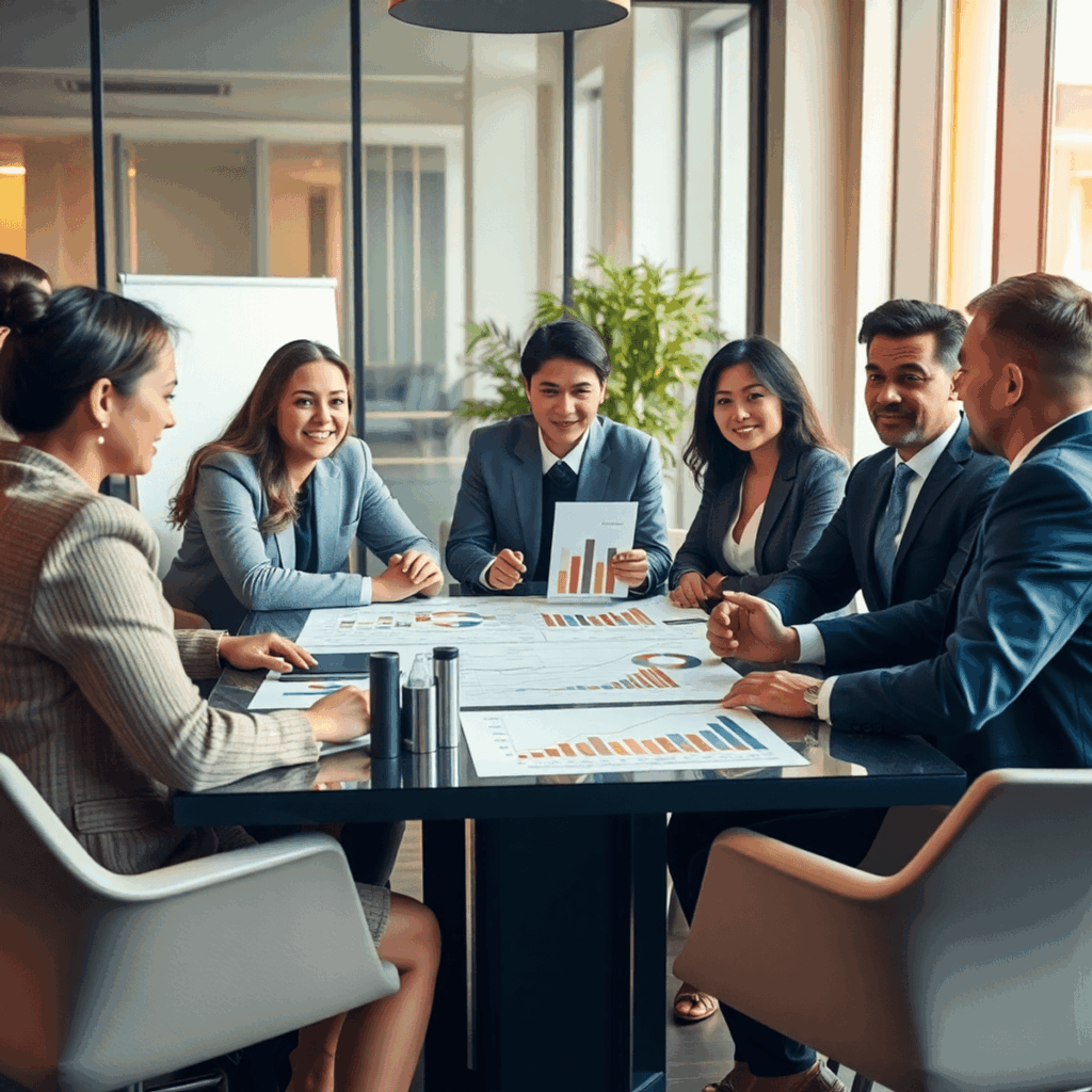 A group of professionals engaged in a strategic discussion around a table with charts and graphs in a modern office with warm natural lighting.