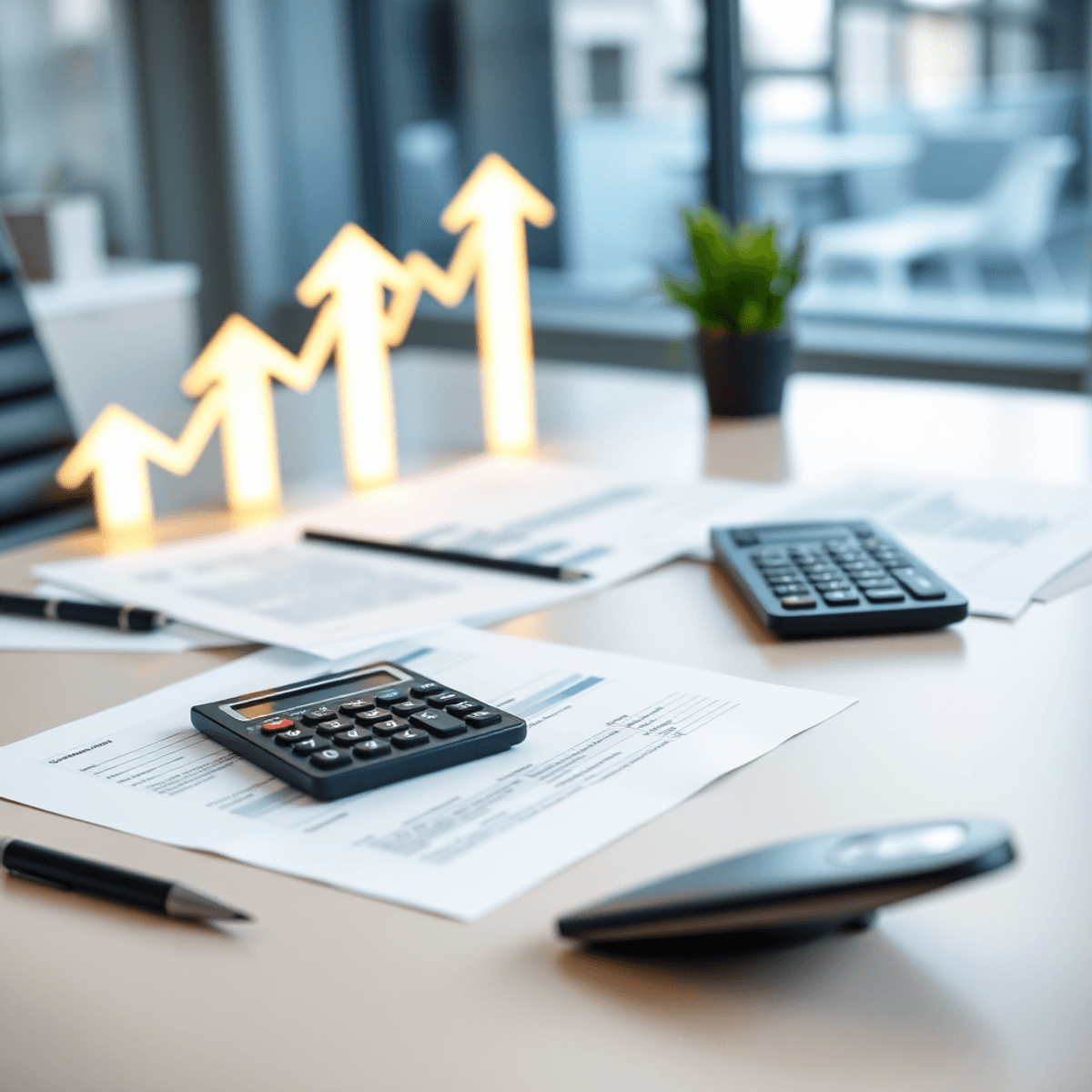 A modern office desk with financial documents and calculator, abstract glowing upward arrows and graphs in the background symbolizing growth and pr...