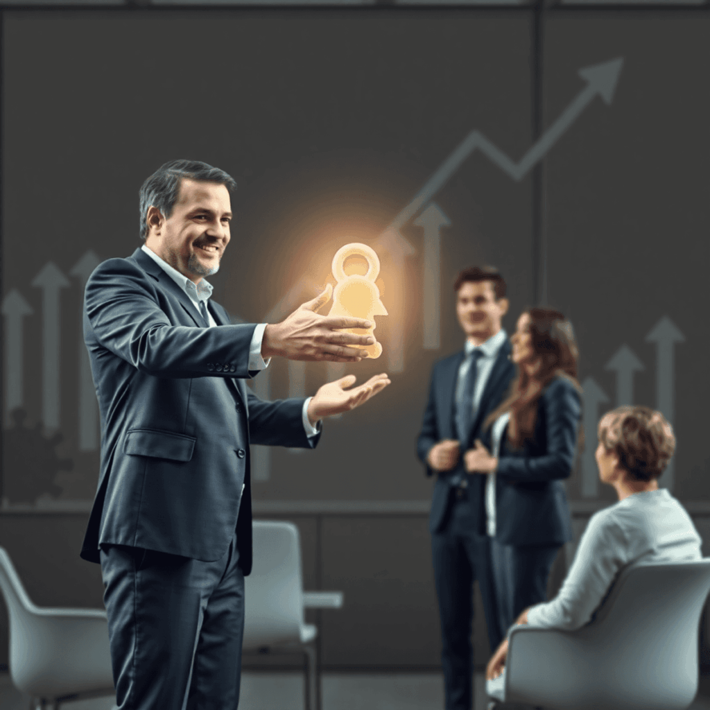 Business owner handing a glowing key to a team in a modern office, with gears and arrows symbolizing growth and transition in the background.