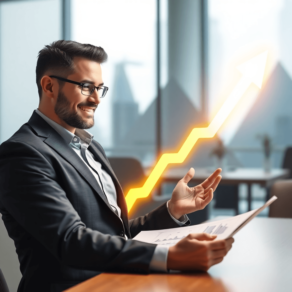 Businessperson reviewing financial charts with a glowing upward arrow, in a modern office with abstract shapes symbolizing growth and success.