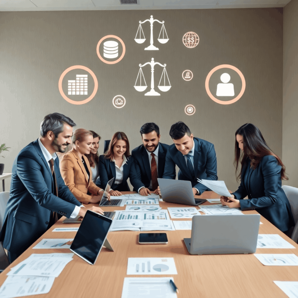 Professionals collaborating around a table with documents, charts, laptops, and floating finance, legal, and technology icons symbolizing teamwork ...