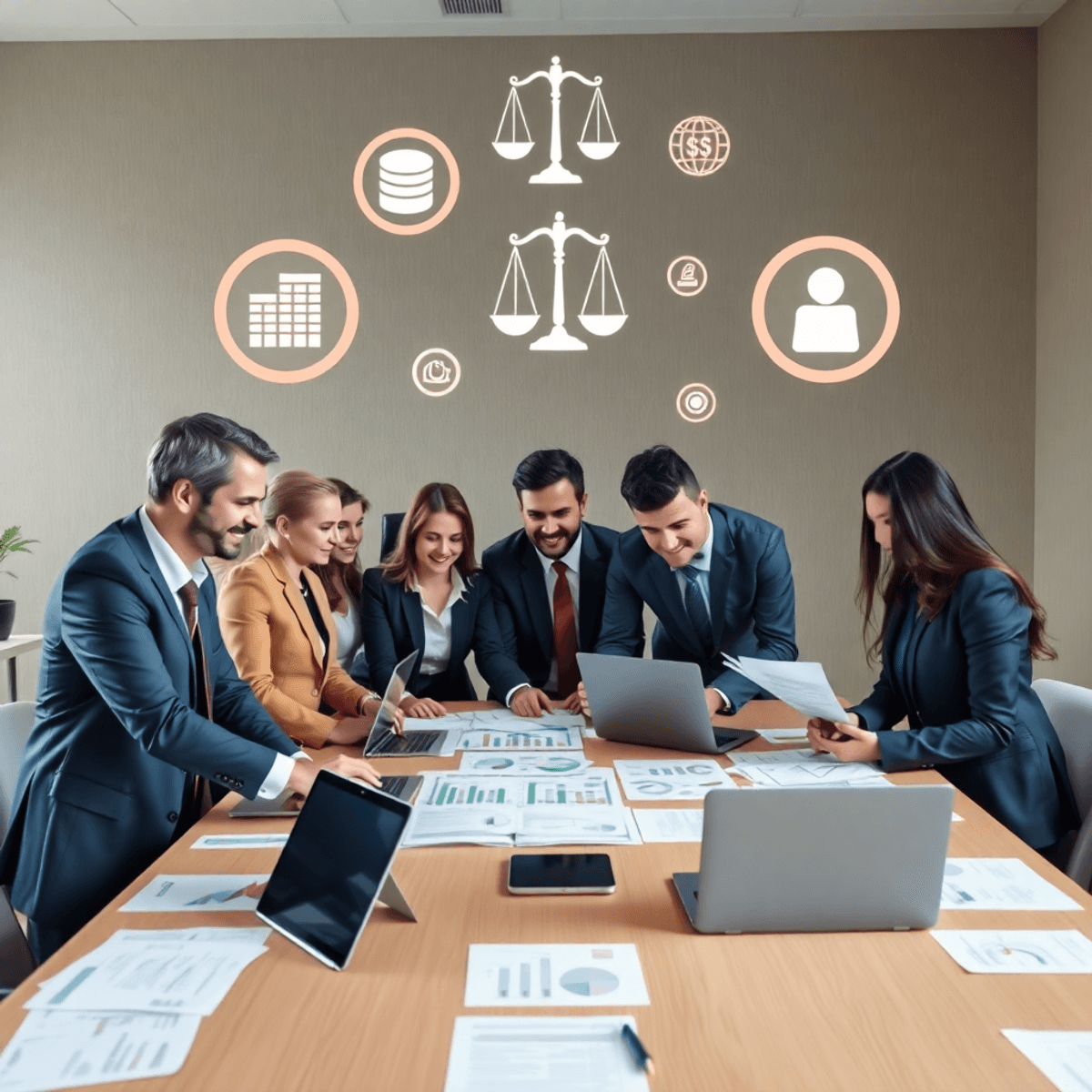 Professionals collaborating around a table with documents, charts, laptops, and floating finance, legal, and technology icons symbolizing teamwork ...