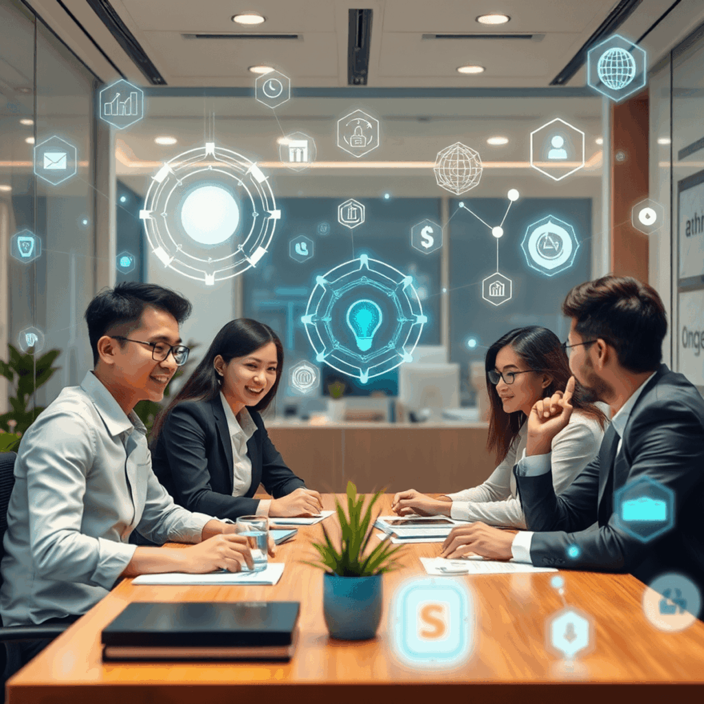 Professionals collaborating in a modern office with glowing digital icons and holographic AI symbols, symbolizing technology and innovation.