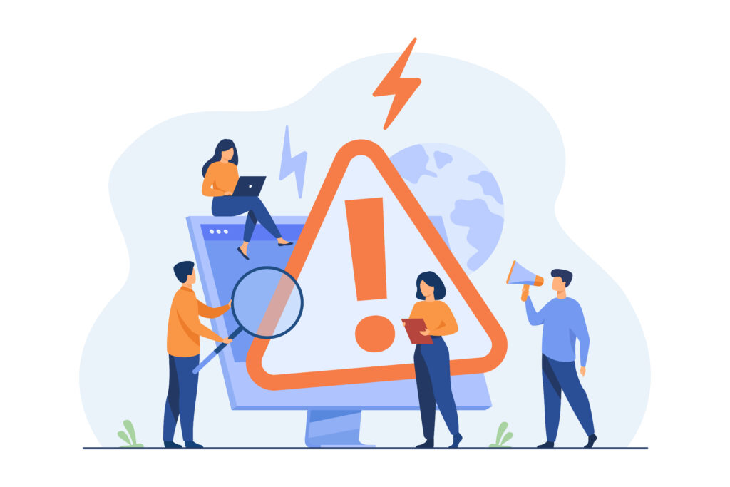 Illustration of business professionals analyzing a large computer screen displaying a warning symbol, representing financial risk or business mistakes