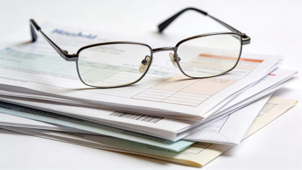 due diligence - Eyeglasses Resting on a Stack of Financial Documents and Bills