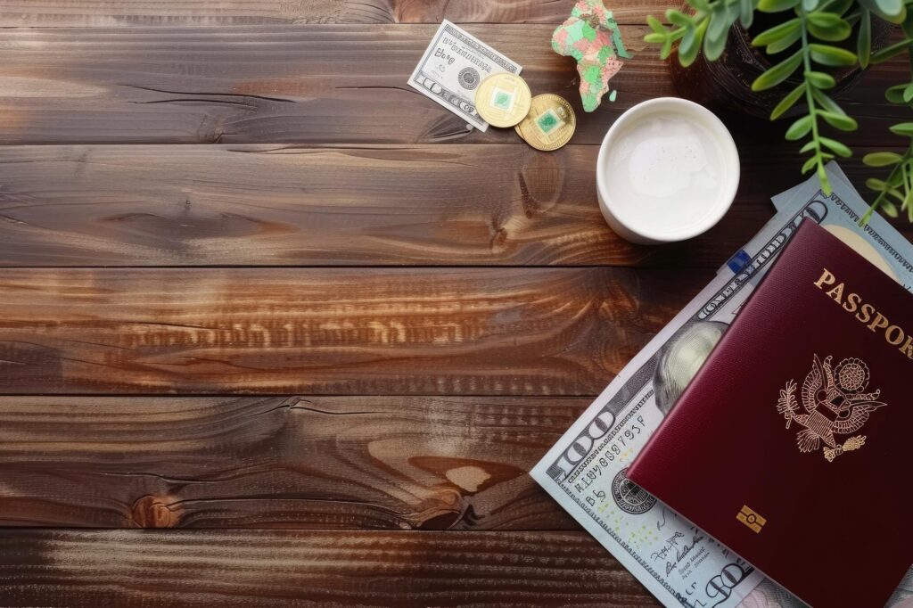 SBA loans - Top view passport with money on workspace tourism concept
