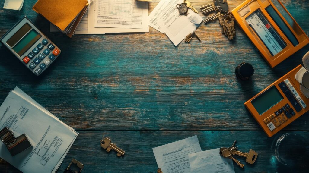 ROBS - Overhead View of Keys on a Wooden Table with Paperwork