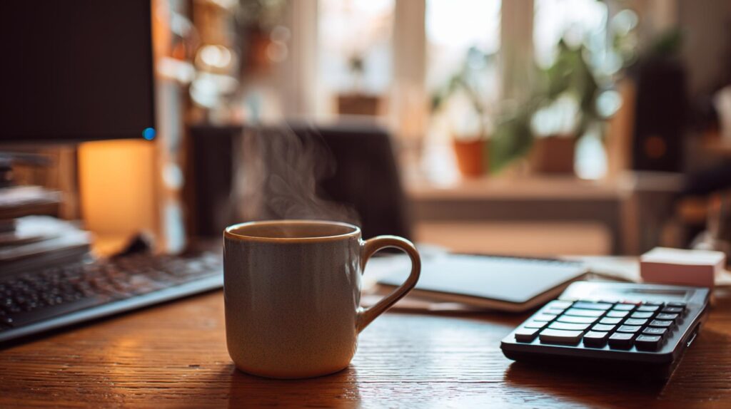 business valuation - Cozy Home Office Desk with Steaming Coffee and Calculator