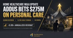 Northeastern Advisors graphic about Addus HomeCare’s $275 million AccentCare personal care acquisition and 0.98x annualized revenue.